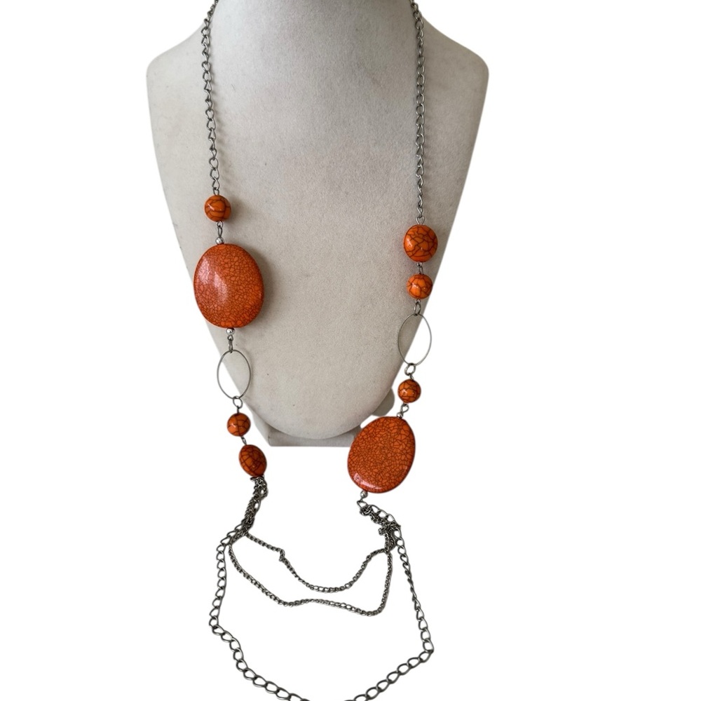 Orange Beaded Necklace with Silver Chain